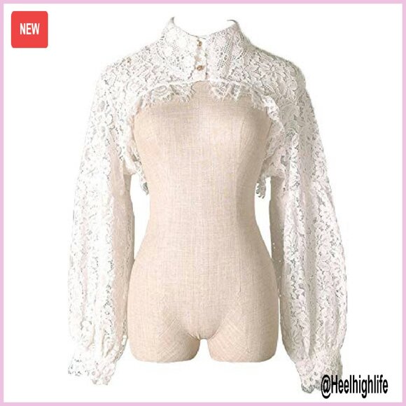 Detachable Dickey Blouse Lace Crop Top Long Sleeves Button Front - Picture 2 of 8